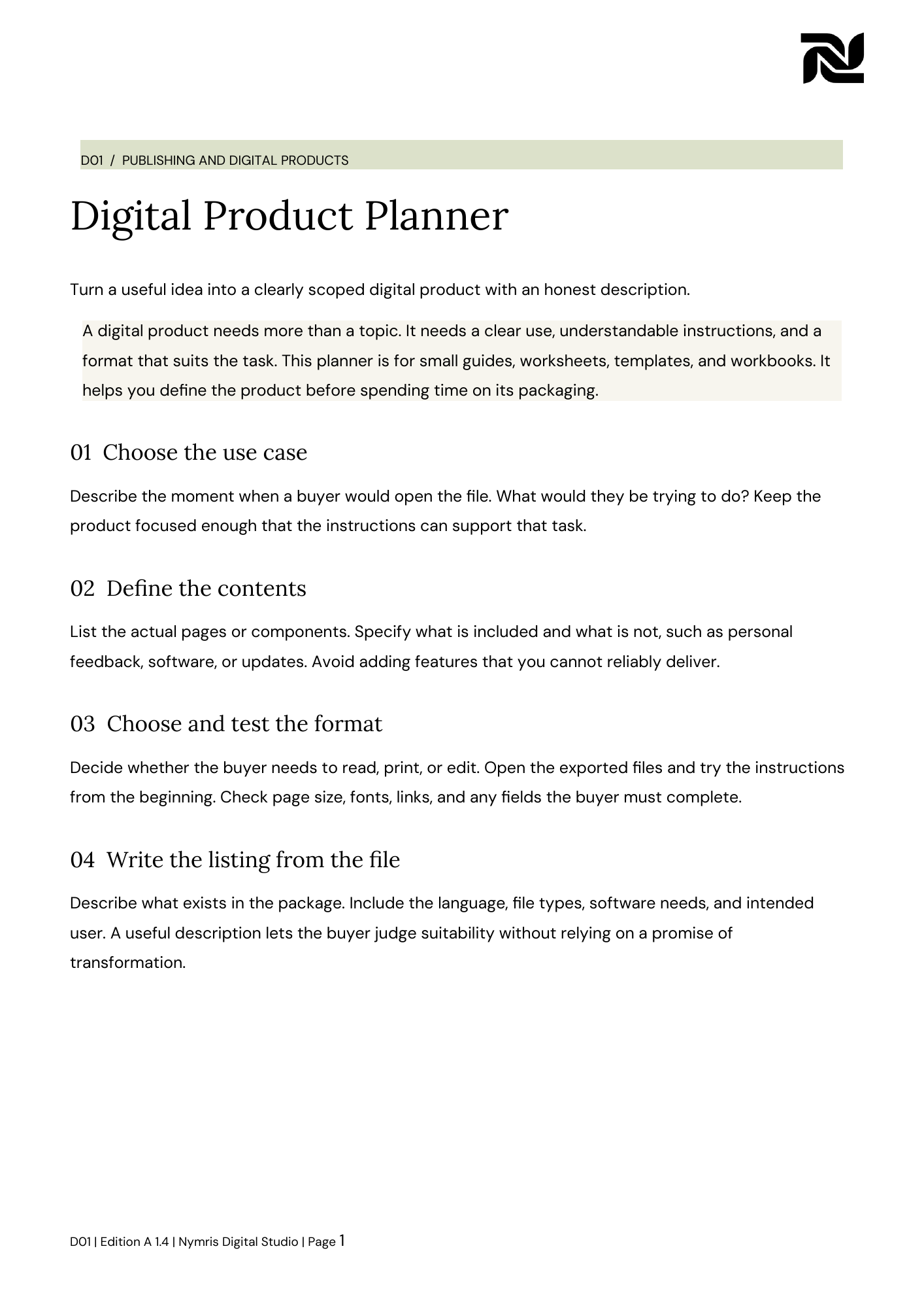 First page preview of Digital Product Planner