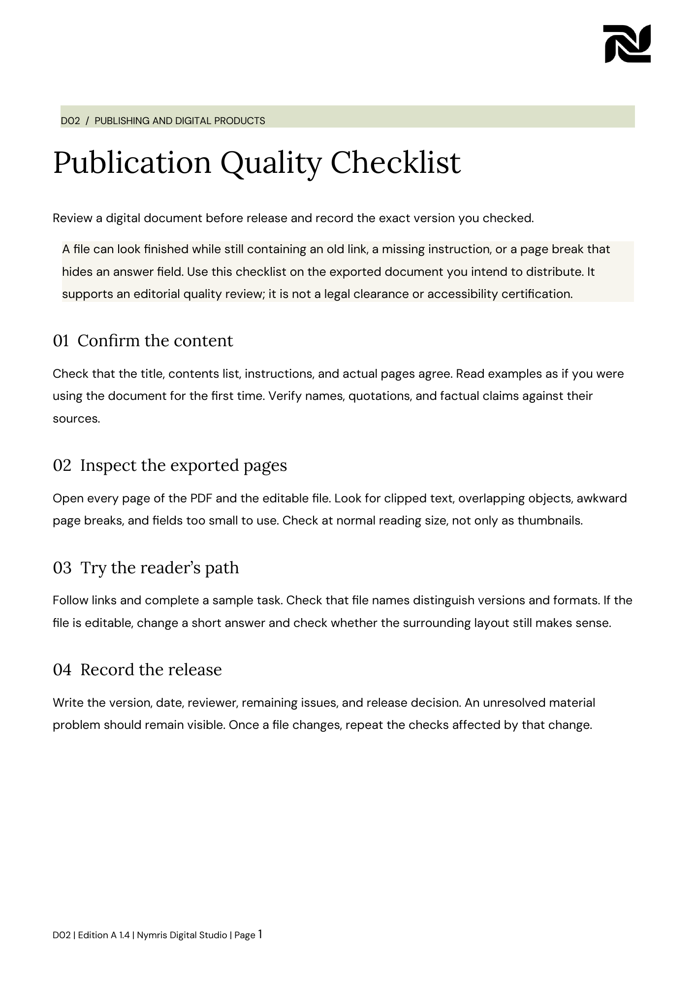 First page preview of Publication Quality Checklist