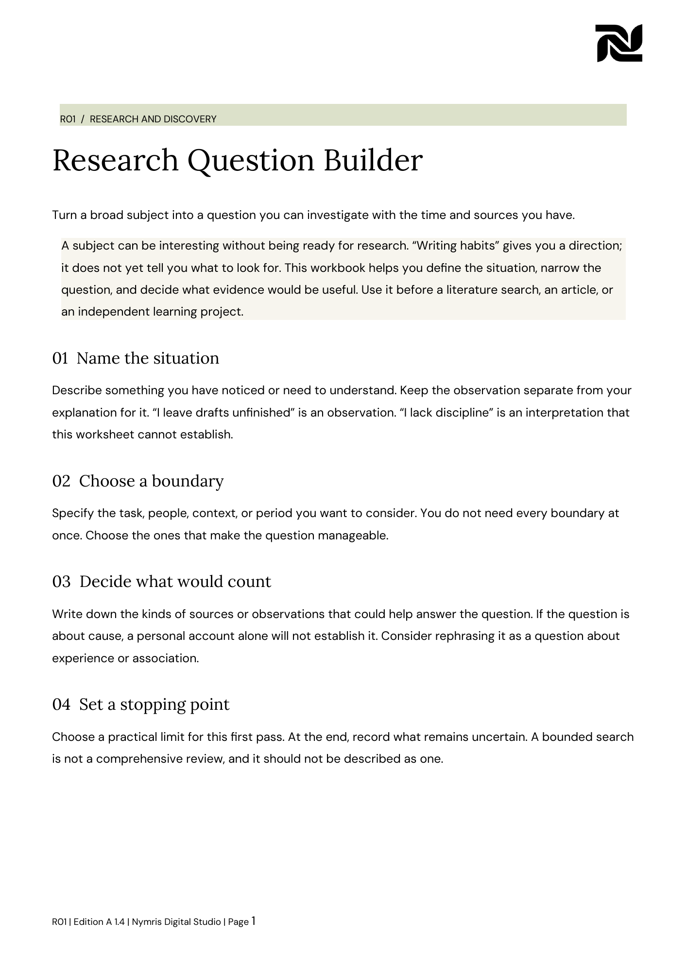 First page preview of Research Question Builder