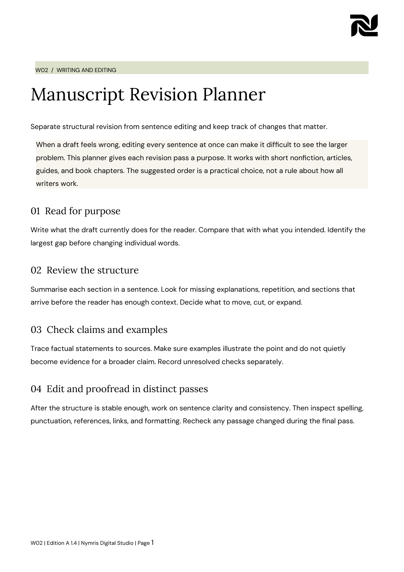 First page preview of Manuscript Revision Planner